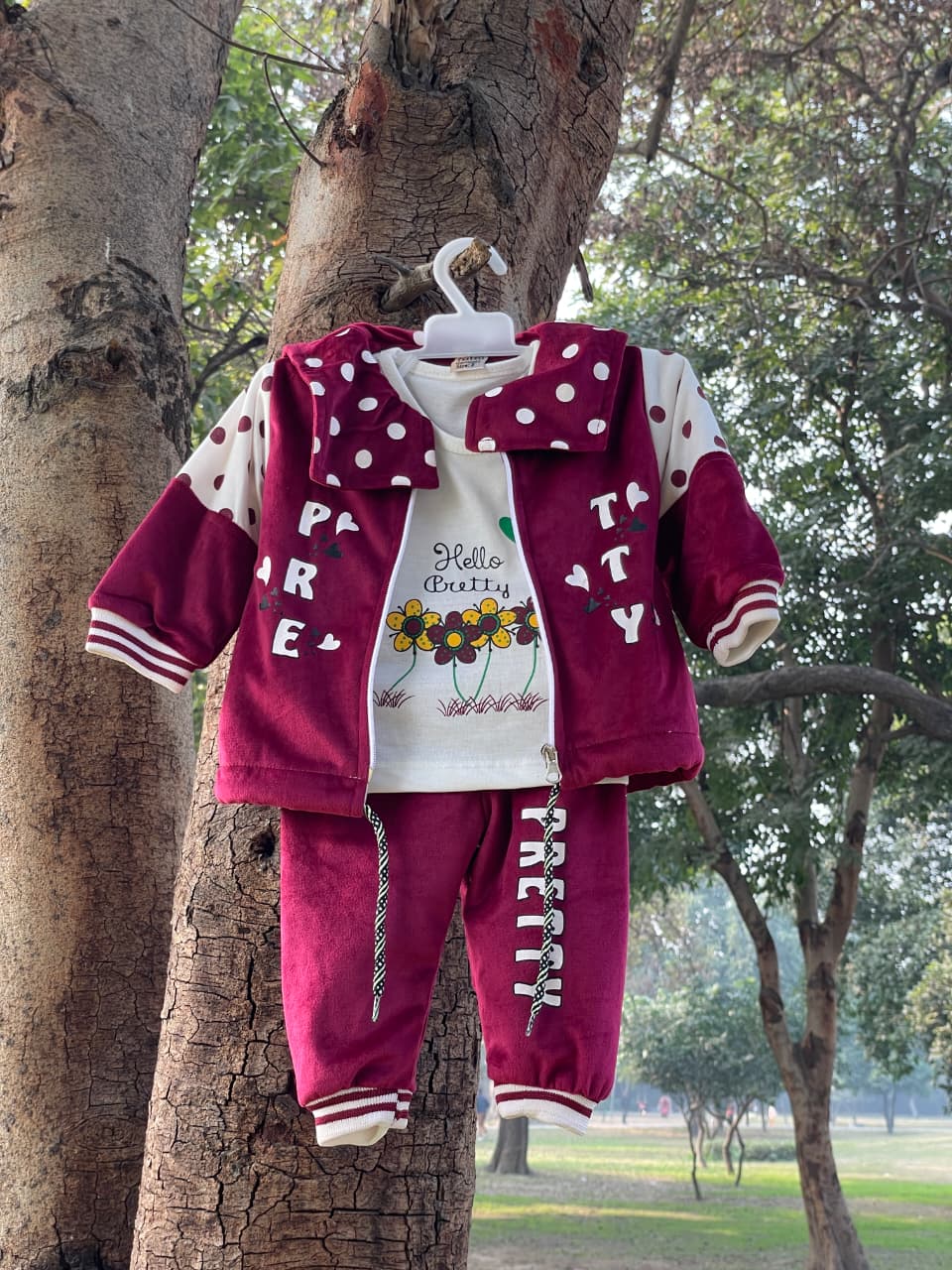 Pretty Baby 3-Piece Winter Outfit Set – Maroon Jacket, Tee & Pants